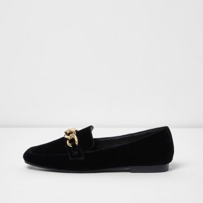 Black velvet gold tone chain loafers